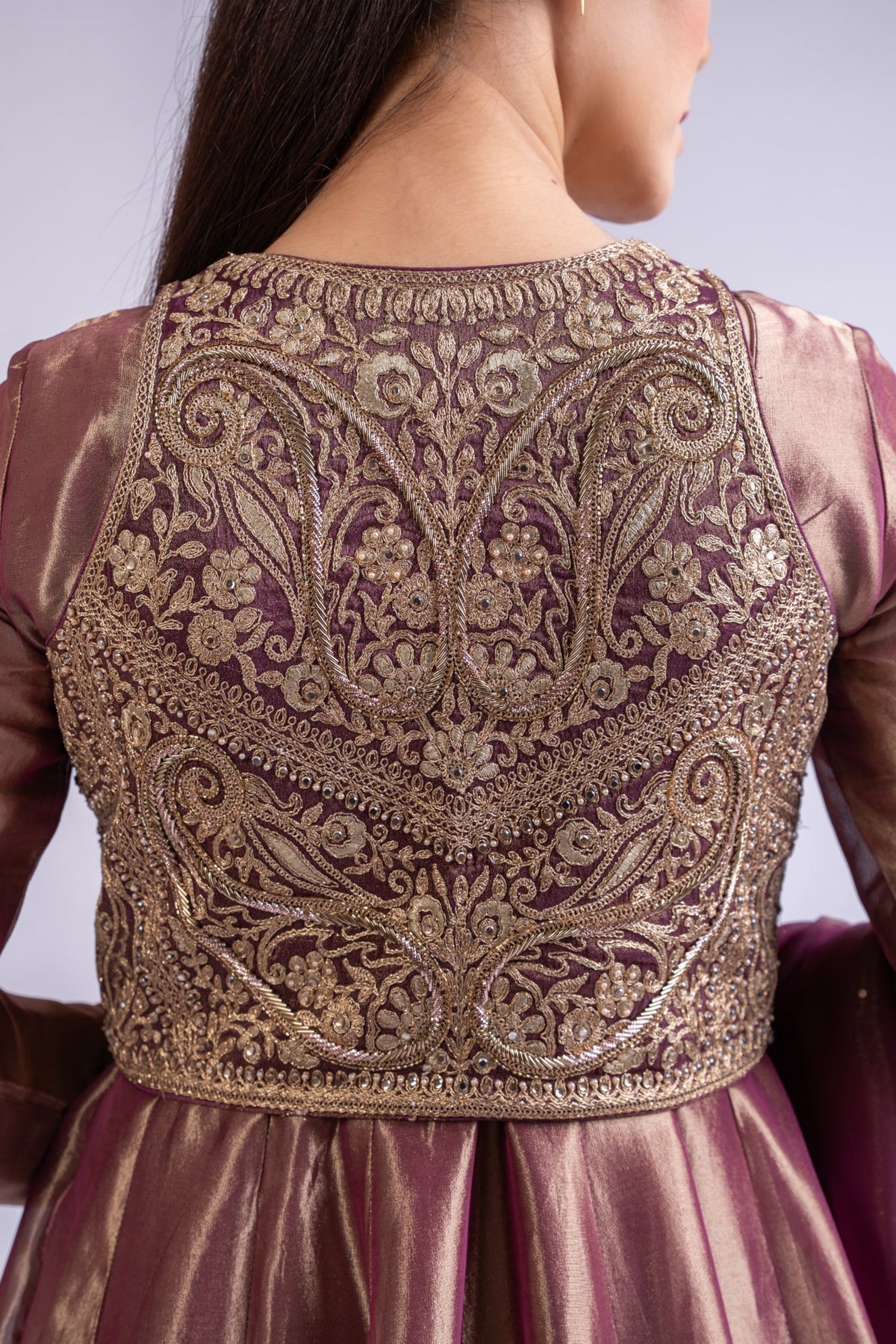 Royal Purple Tissue Silk Anarkali with Embroidered Jacket, Dupatta & Potli