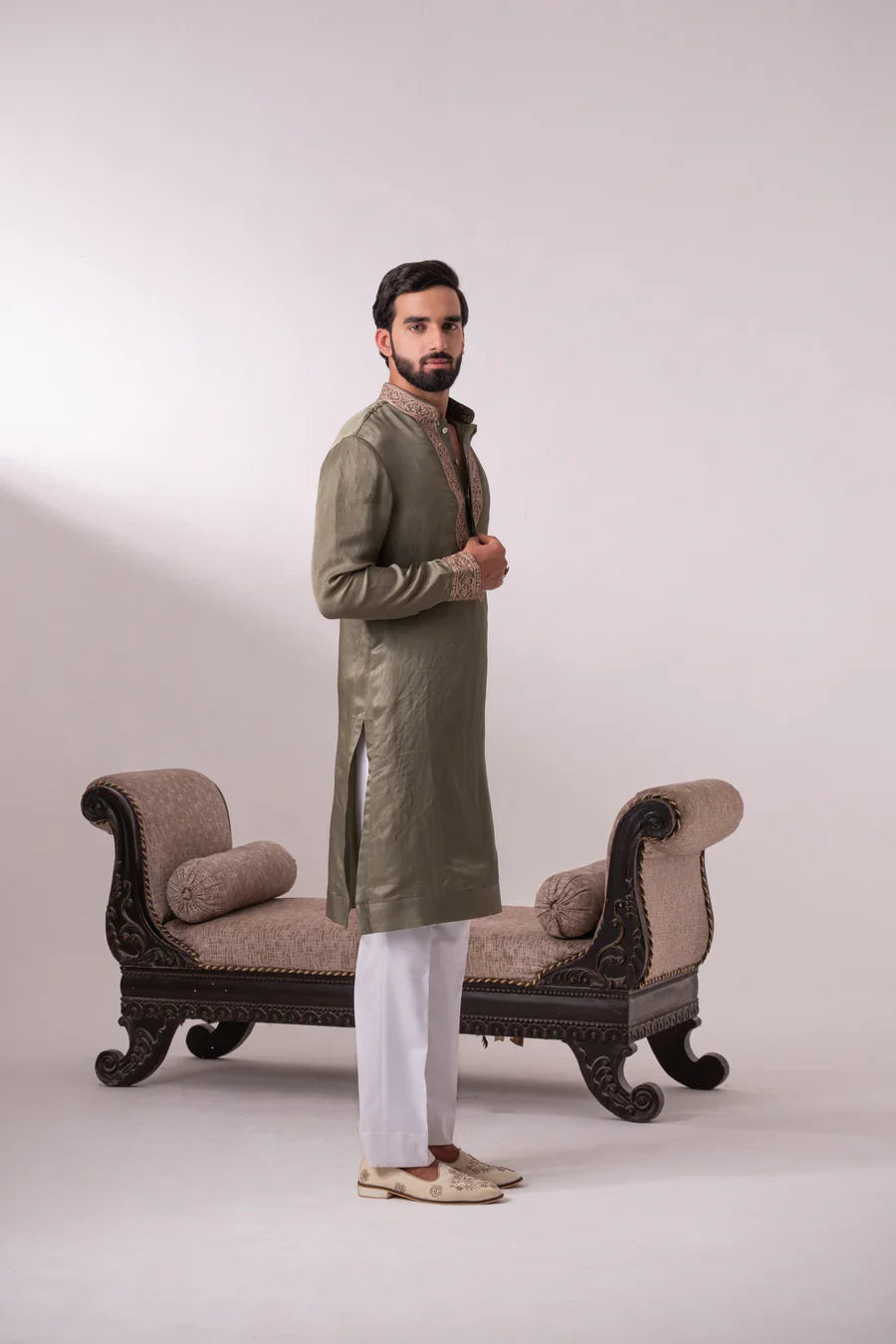 Olive Tissue Satin Silk Kurta with Ari Embroidery