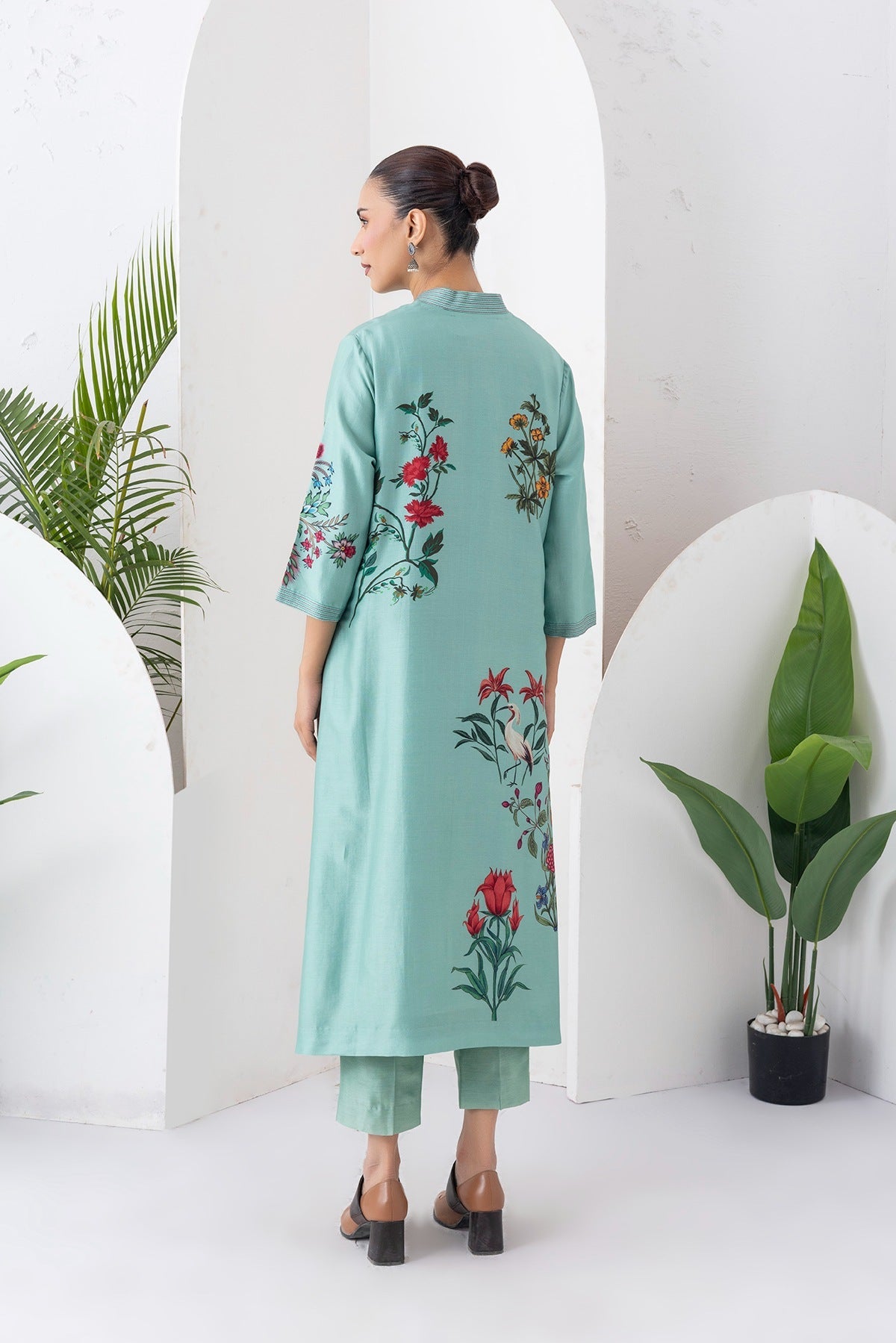 Mint Silk Chanderi Floral Printed Front Open Dress Set (3 PCS)