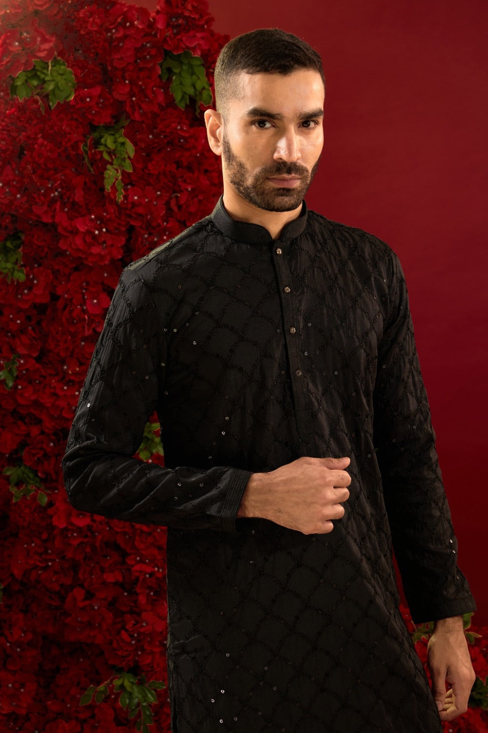 Black silk kurta & pajama with machine work