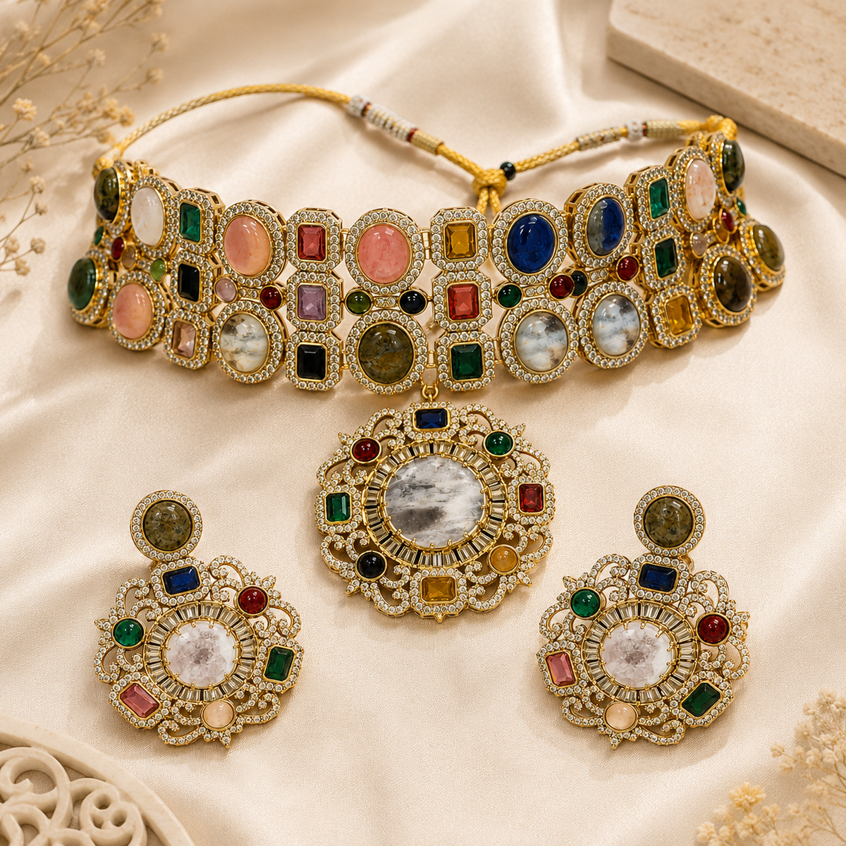 Multicolour Semi-Precious Stone Moissanite Choker Set