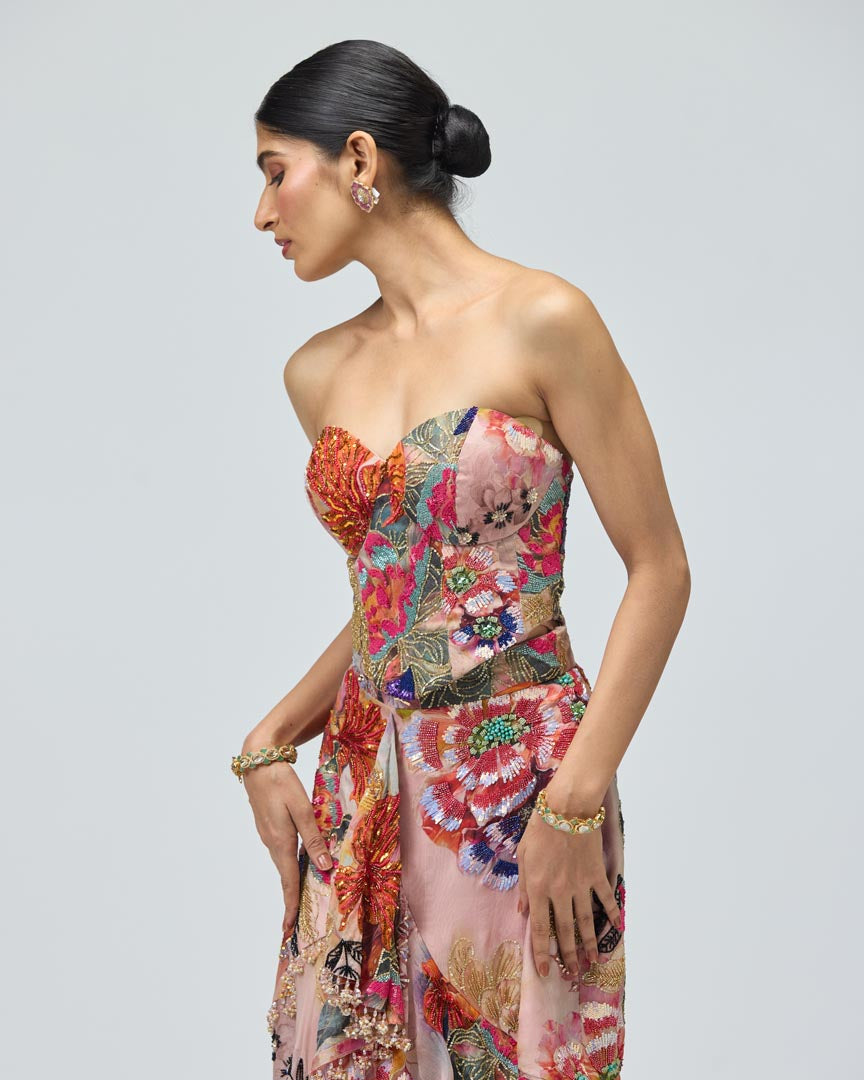 Pink Printed Motif Organza Co-ord Set for Festive Occasions
