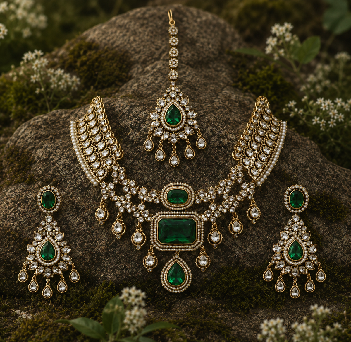 Emerald Green Bridal Polki Necklace Set with Maang Tikka & Statement Earring
