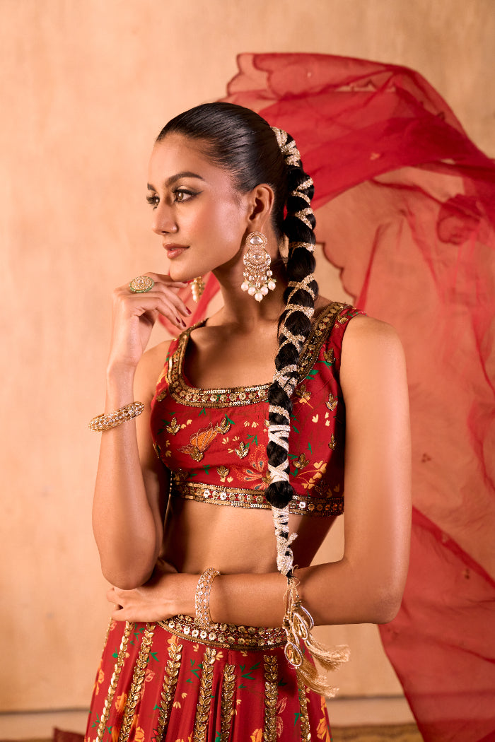 RED PRINT EMBROIDERED CHOLI, LEHENGA AND DUPATTA SET - image 2