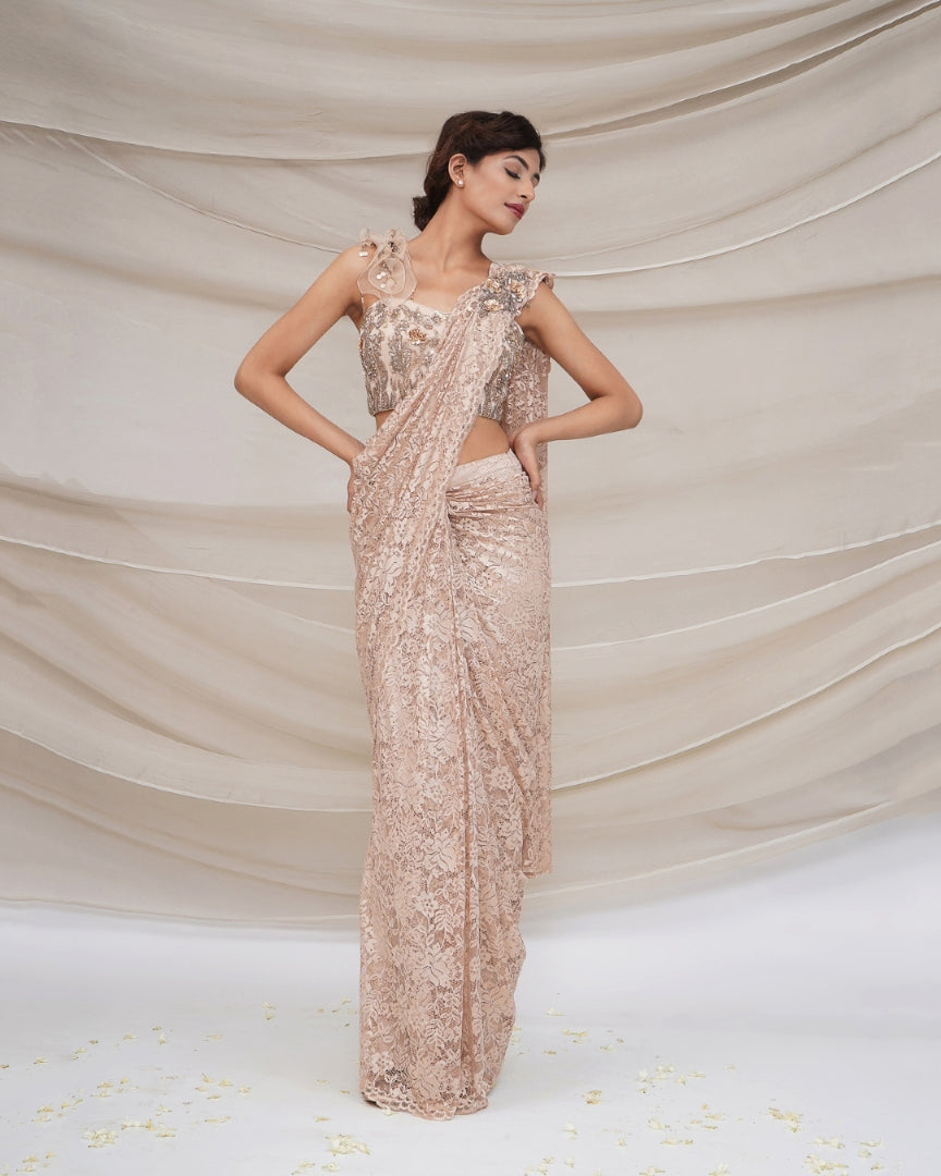 Champaign Gold Lace Pre Stiched Saree