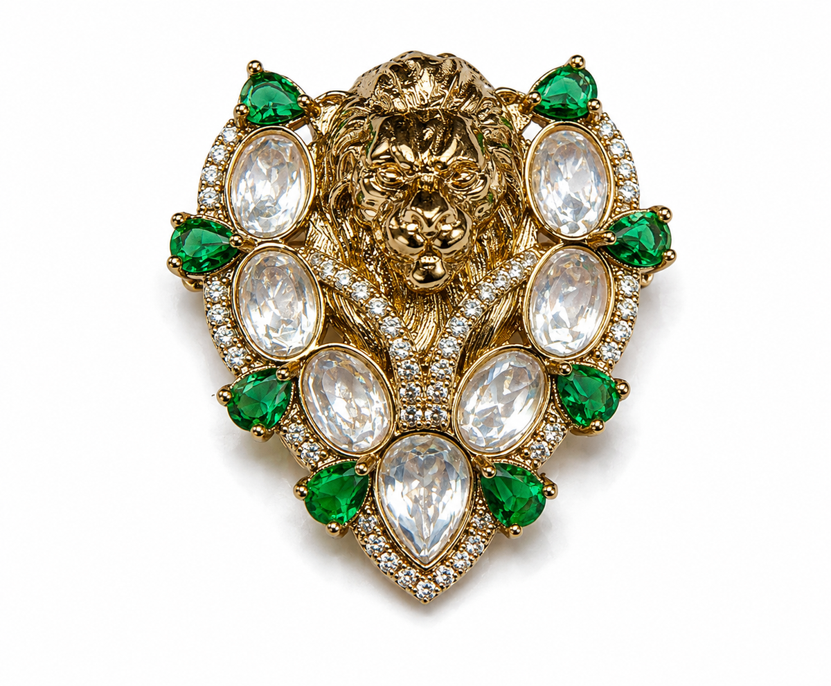 Gold Plated Stone Lion Motif Brooch