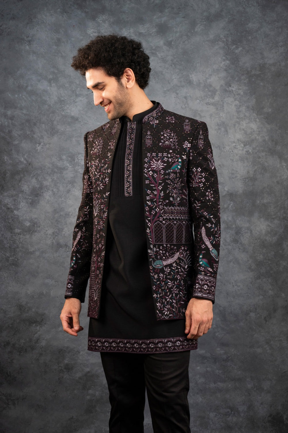 Black silk open Indo Western with silver thread embroidery and sequins work