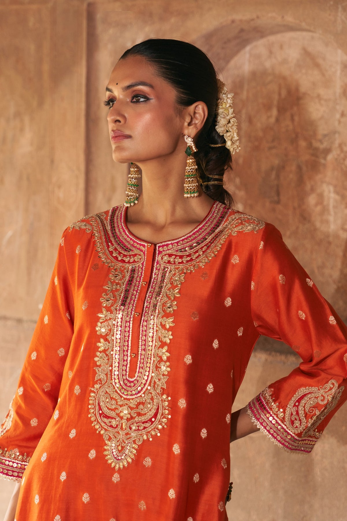 Burnt Orange Pure Banarasi Silk Short Kurta Salwar Set