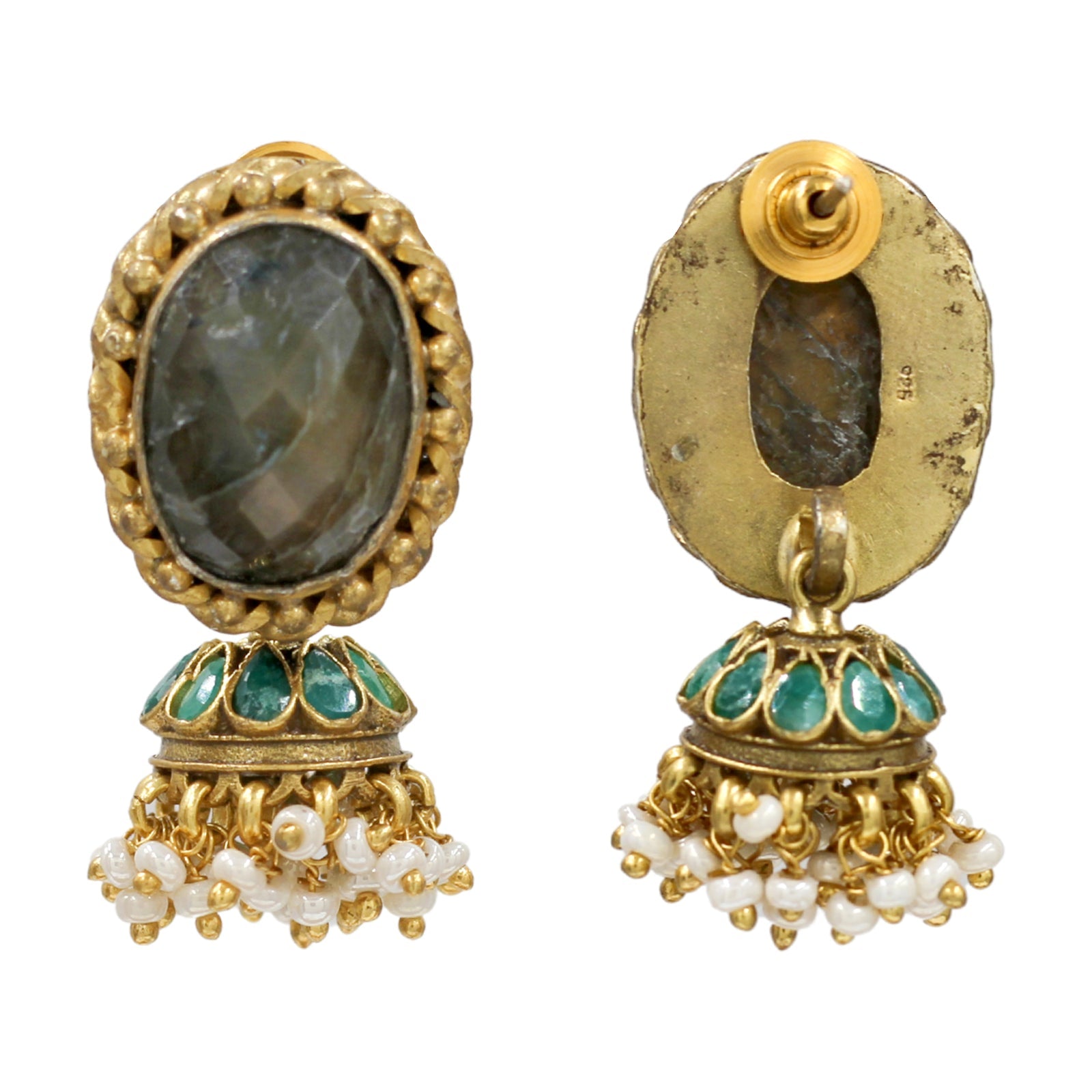 Sangeeta Boochra Gold Plated Labradorite Stone & Pearl Jhumka Earrings