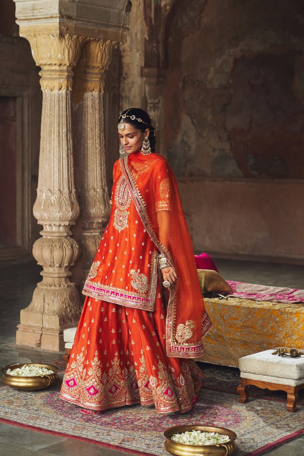 Burnt Orange Banarasi Short Kurta Sharara Set with Dupatta