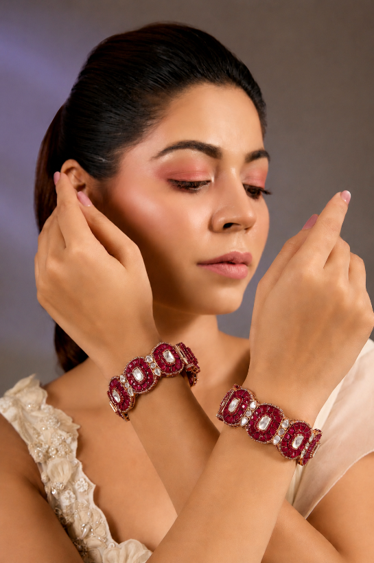 Pink Moissanite Polki Statement Kada Bangle Pair