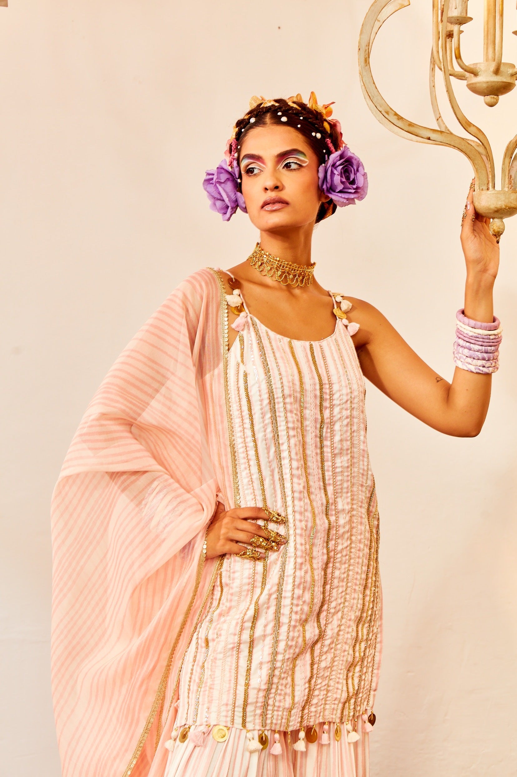 Ivory & Coral Pink Sharara Set
