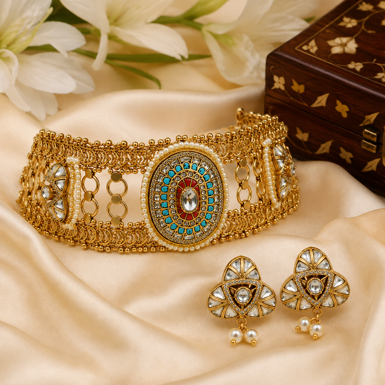 Multicoloured  Handcrafted Jadau Kundan Choker Set with Pearl Accents