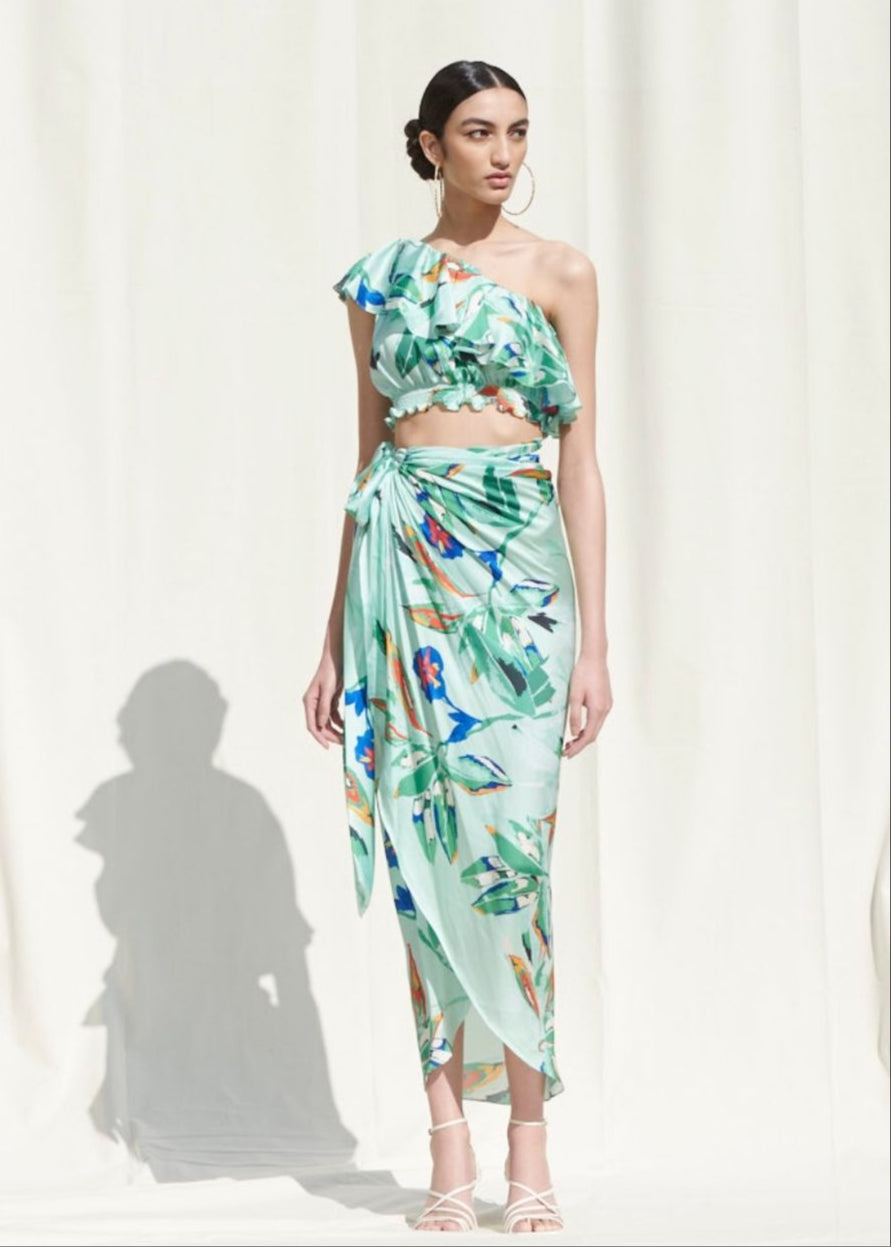Crop Top Paired With A Printed Wrap Around Skirt