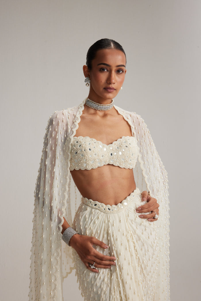 Pearl White Dense Drop Draped Skirt set