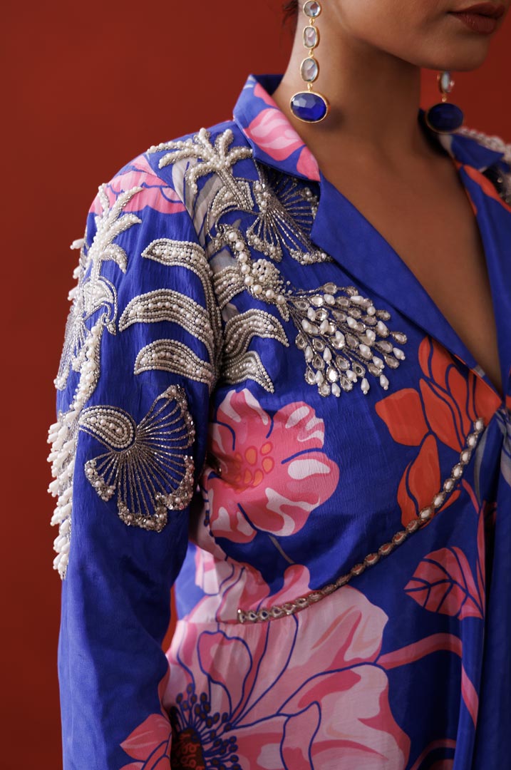 Blue ruffle blazer set