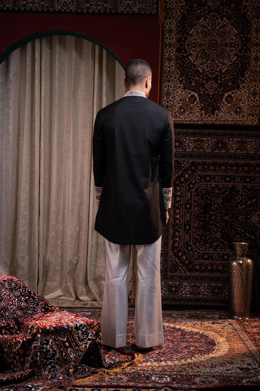 Black Embroidered Kurta in Satin Silk