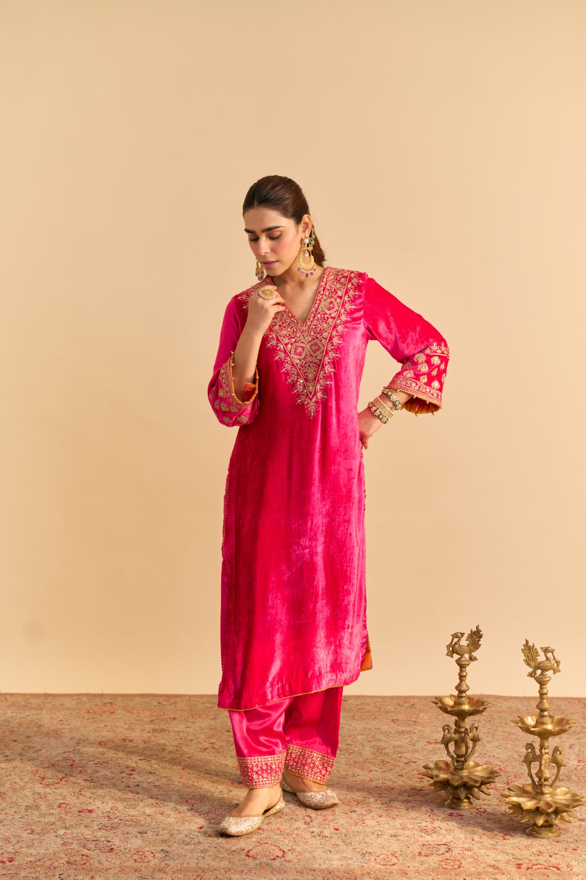Hot Pink Velvet Kurta Set with Salwar and Tissue Silk Dupatta