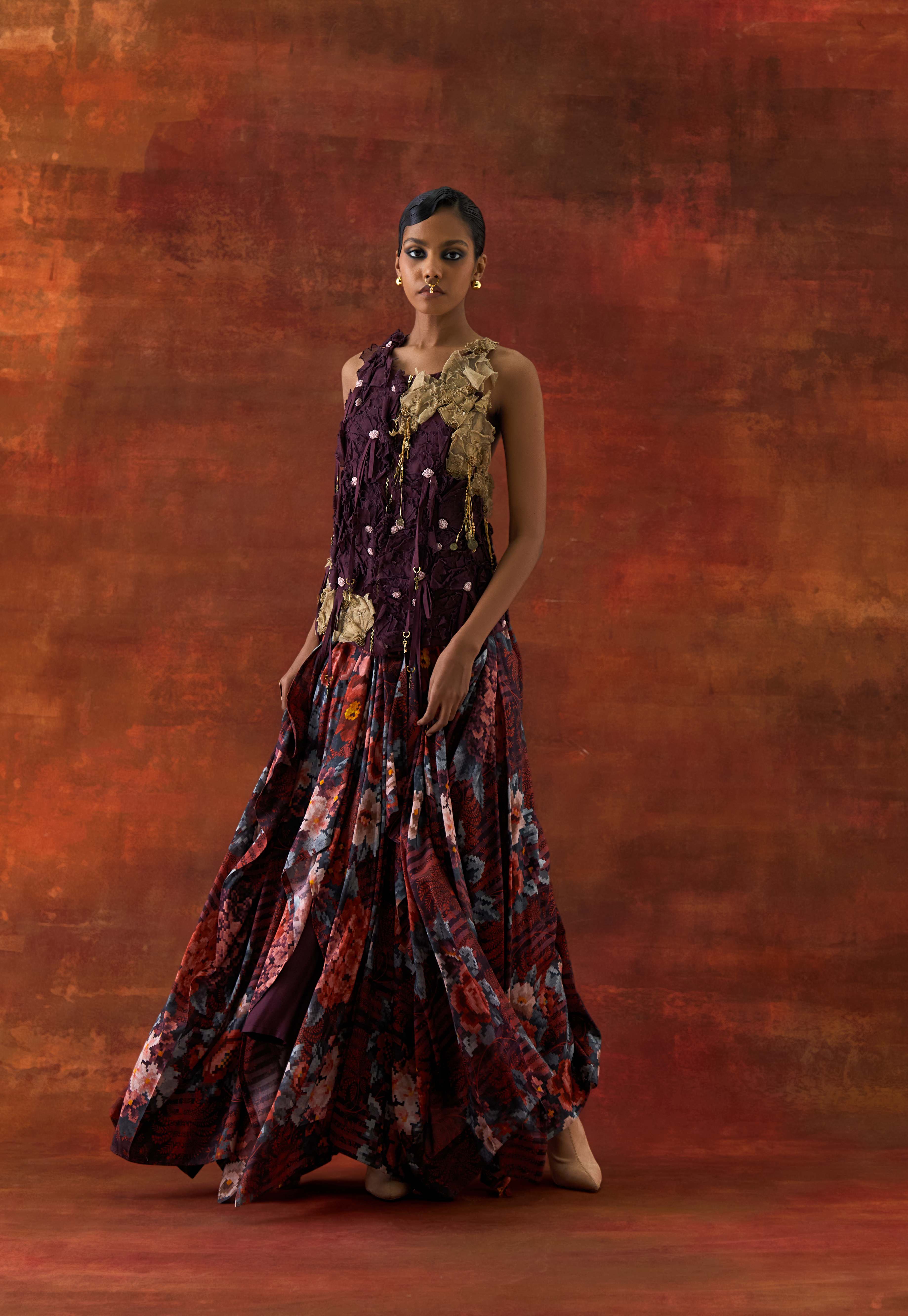 3D FLOWER RACER BACK JACKET + CASCADE SHIRT WITH PRINTED DRAPED SKIRT - image 2