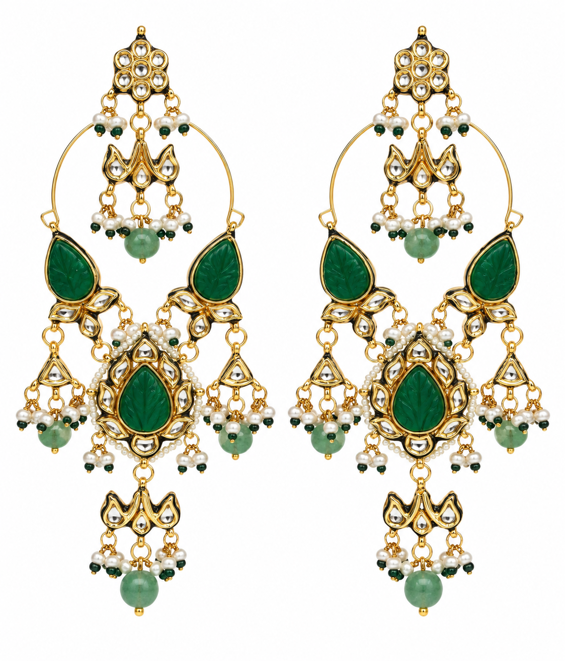 Emerald Kundan Hoops with Pearl Bead Drops