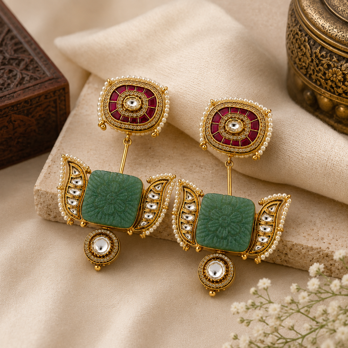 Sage Green Handmade Kundan Statement Earrings
