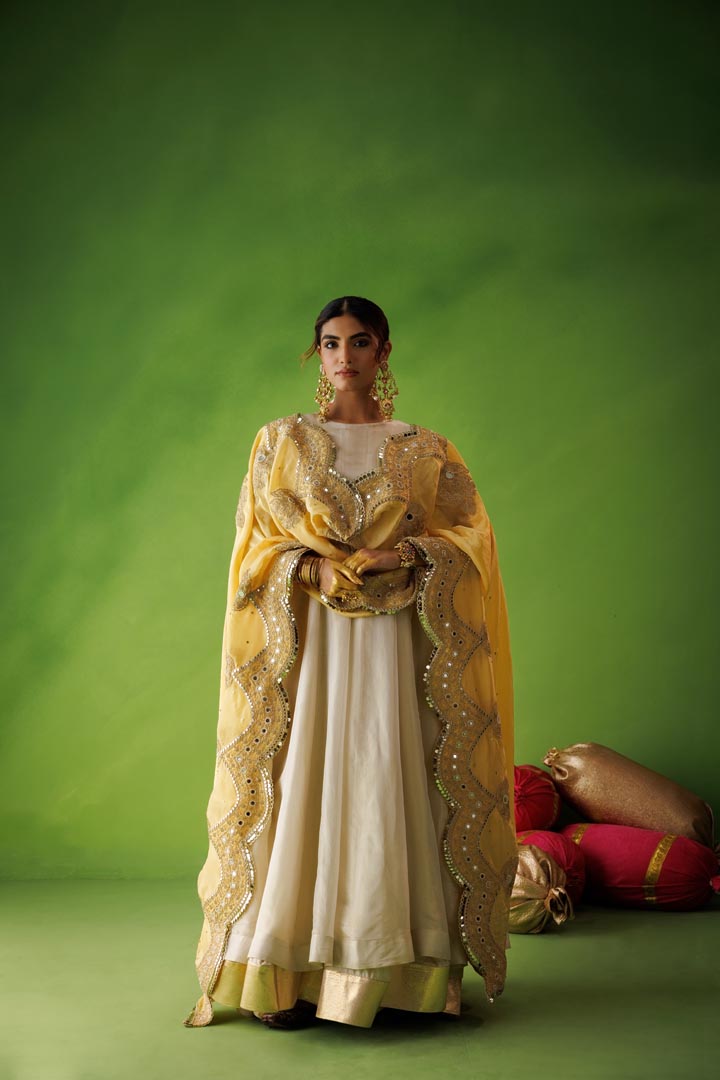 Beige tissue anarkali with yellow dupatta