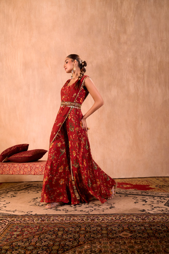 RED PRINT EMBROIDERED JUMPSUIT WITH DRAPE AND BELT SET - image 2