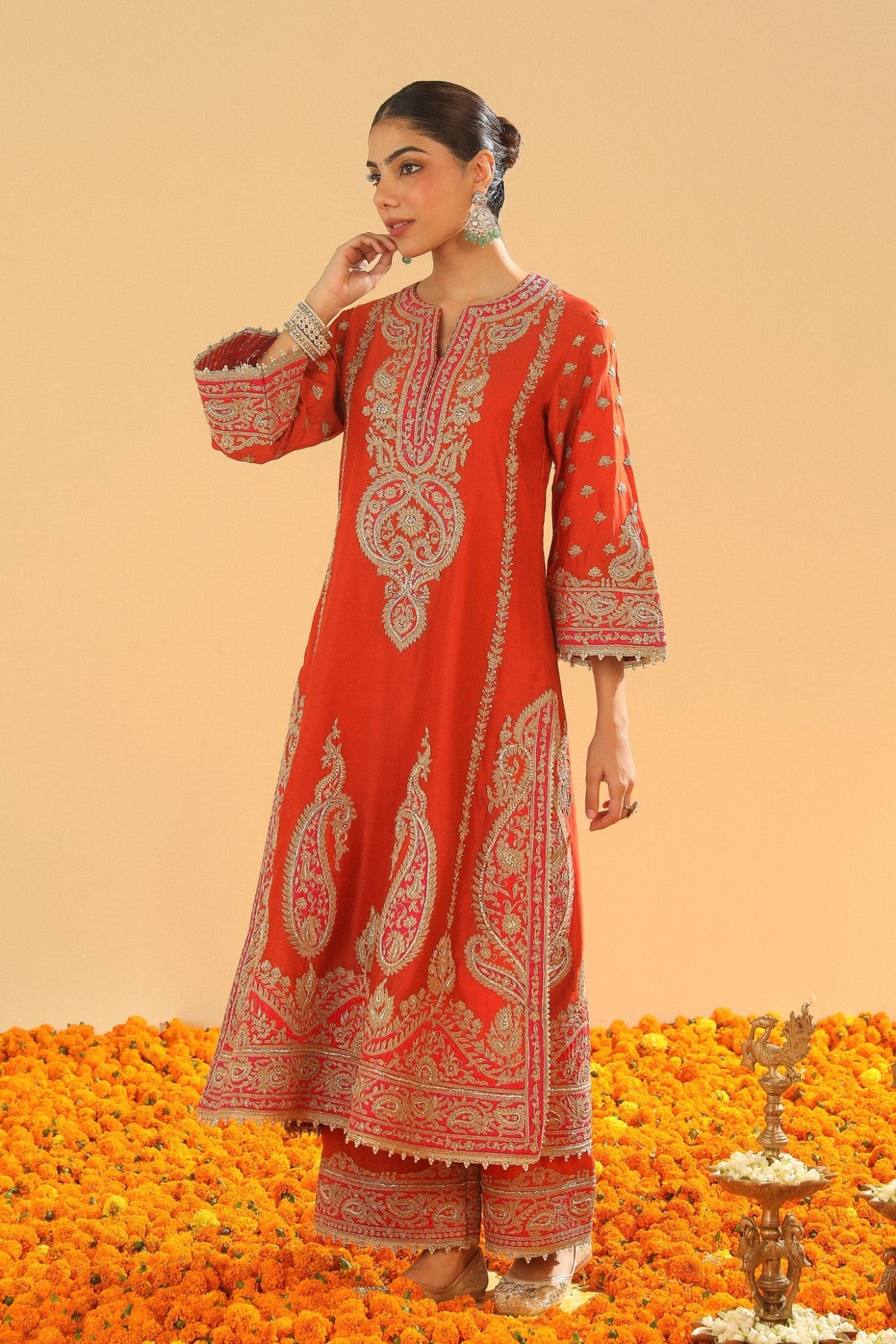 Misam - Burnt Orange Long A-line Kurta with Palazzo and Dupatta