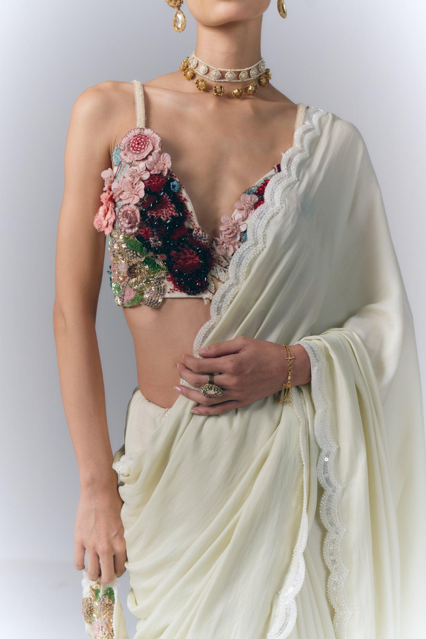 Ivory Blossom Drape Saree Set