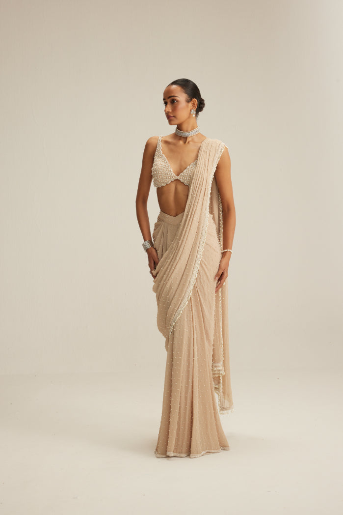 Light Beige Draped Saree Set