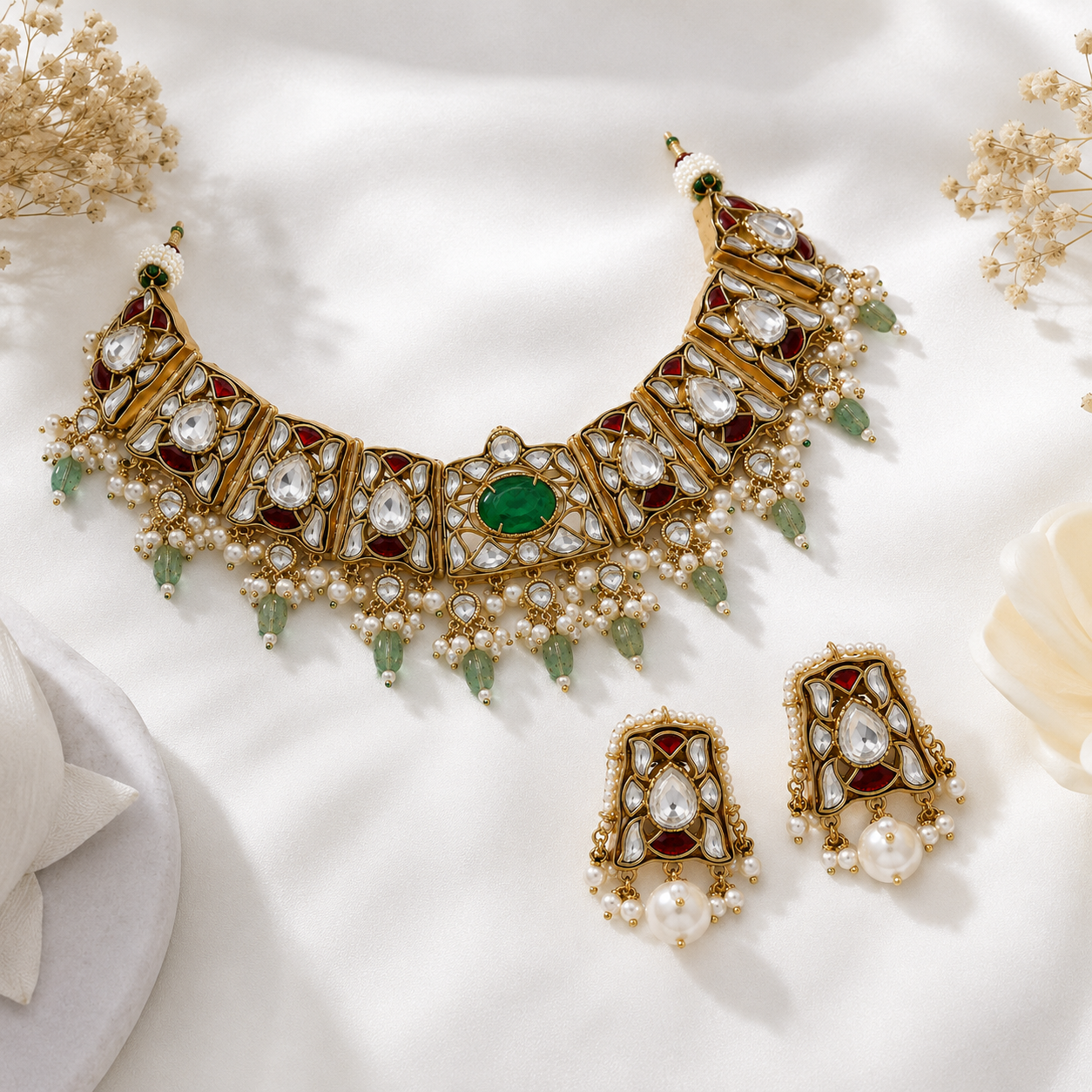 Sage Green Semi-Precious Stone Kundan Choker Set with Ruby Accents & Pearl Drops