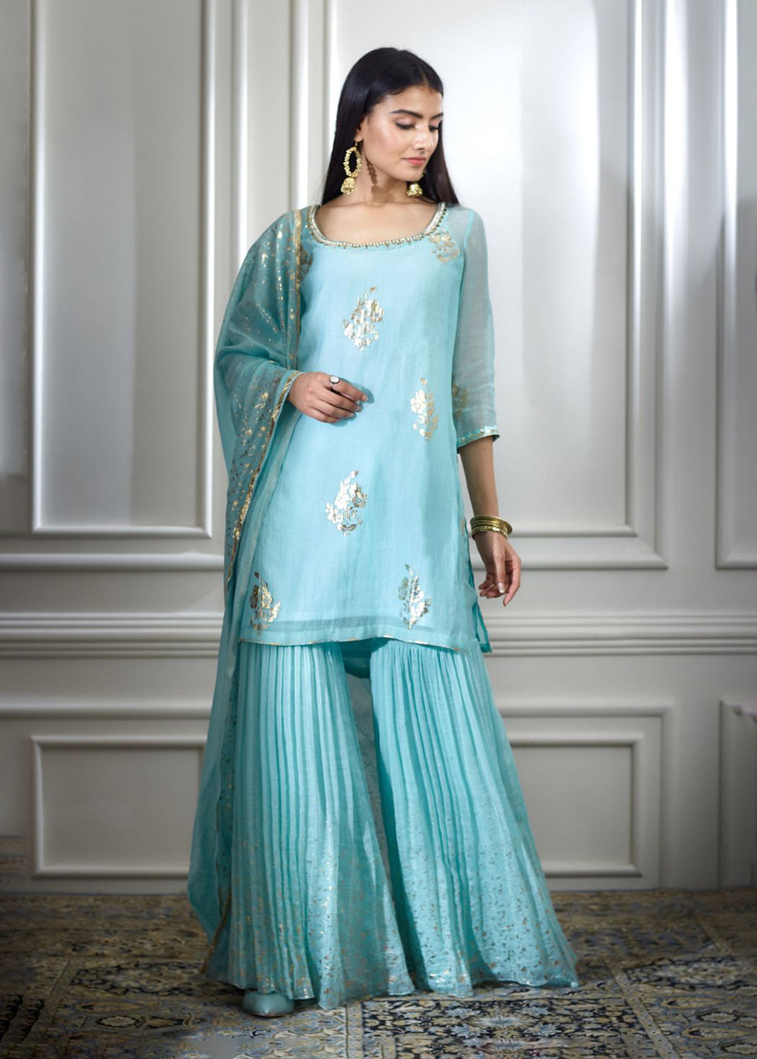 Aqua foil printed kurta Set