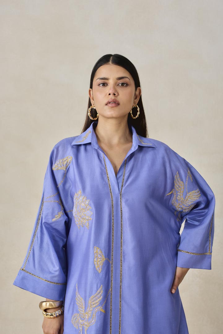 Ink Blue Chanderi Shirt Kurta Set with Heritage Embroidery