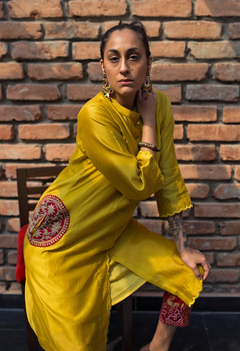 chanderi kurta with beautiful lotus embroidered motifs and gharchola pants