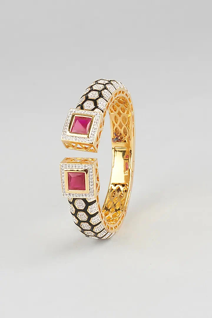 Gold-Plated Pink Stone Open Cuff Kada Bracelet