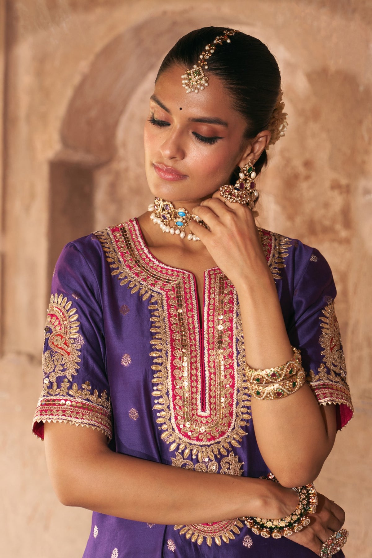 Deep Purple Banarasi Short Kurta Sharara Set with Dupatta