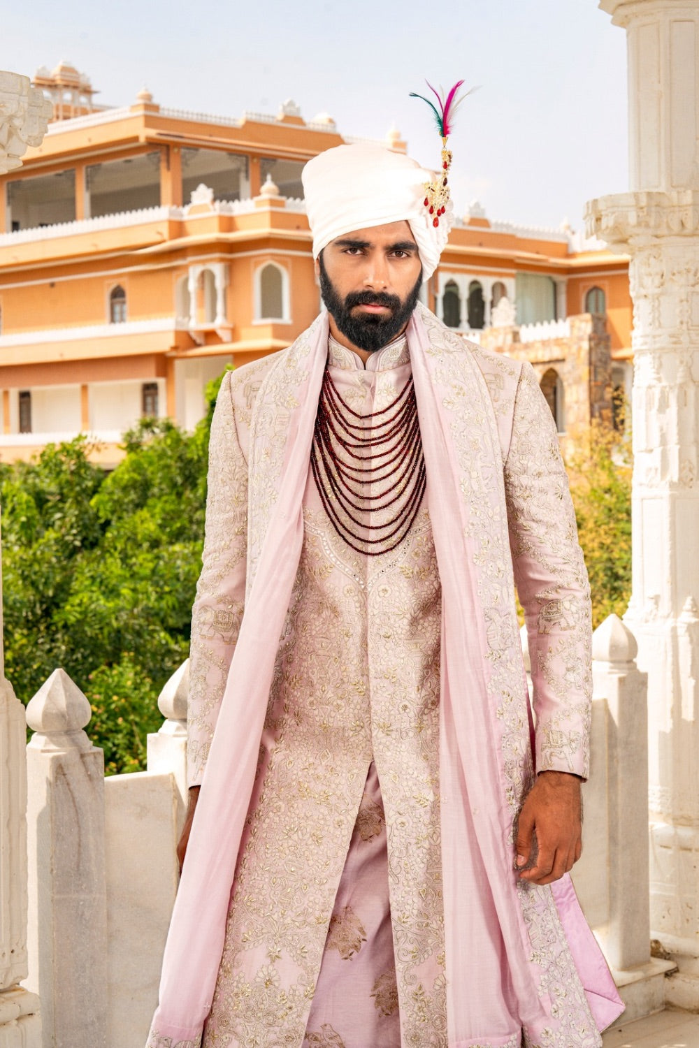 Light pink silk Indo-Western with machine and hand work