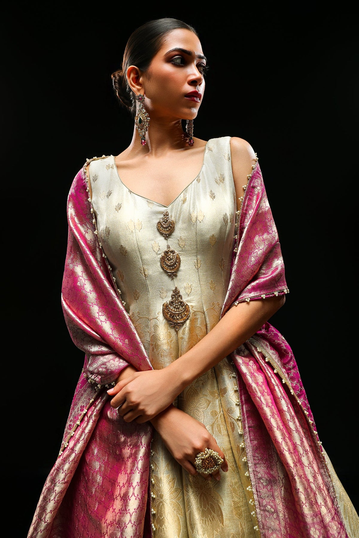 Roohani-gold-wine-banarasi-anarkali-set-with-dupatta-potli