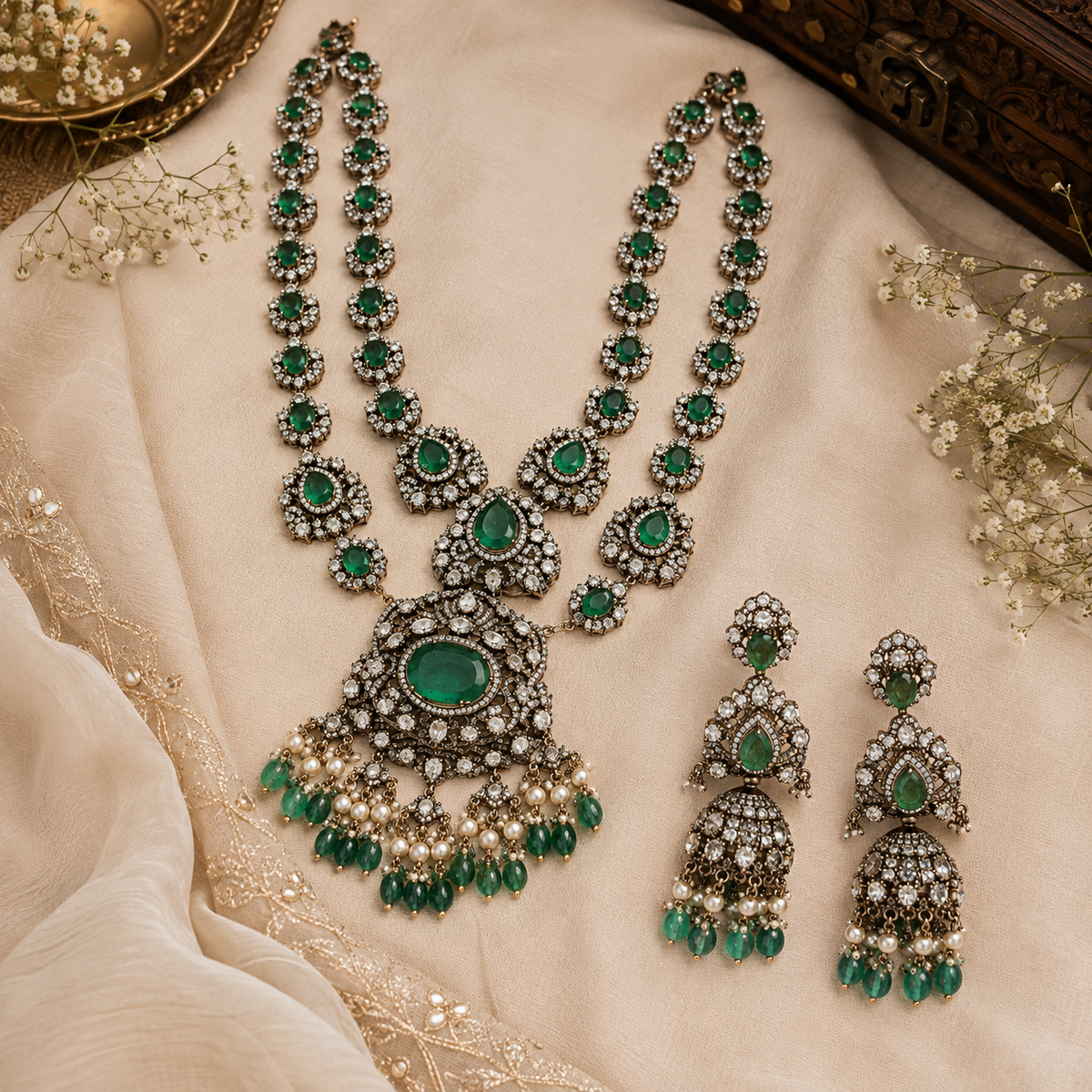 Emerald Moissanite Polki Long Two-Layered Necklace Set
