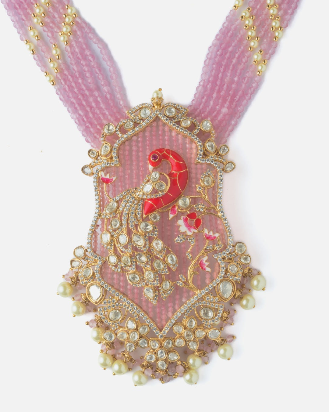 Moissanite Polki Pink Peacock Beaded Statement Necklace Set