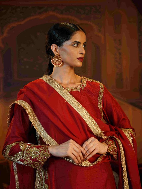 deep red raw silk suit set - image 2