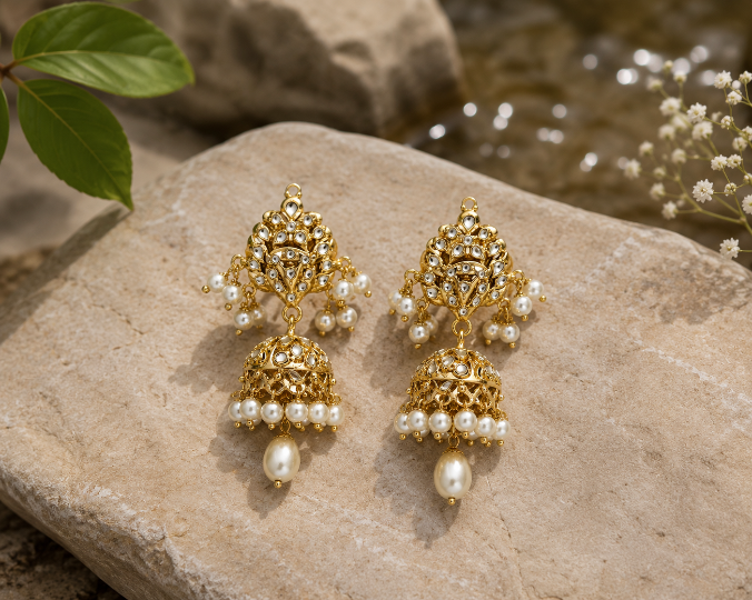 Polki Jhumka Earring with Pearl Drops