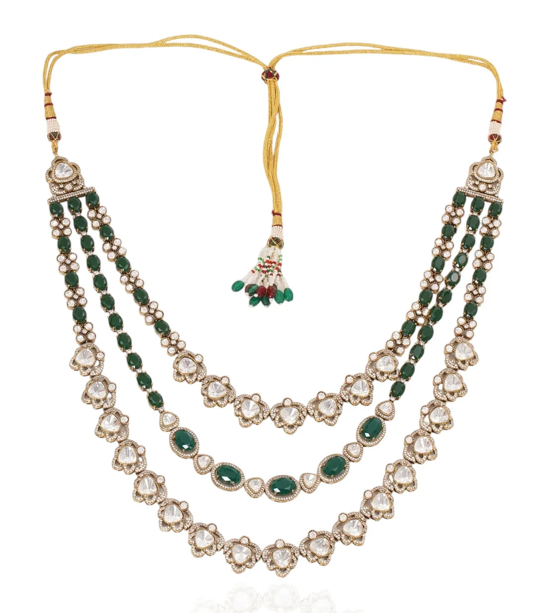 Three-Layered Green Beaded Kundan Mala