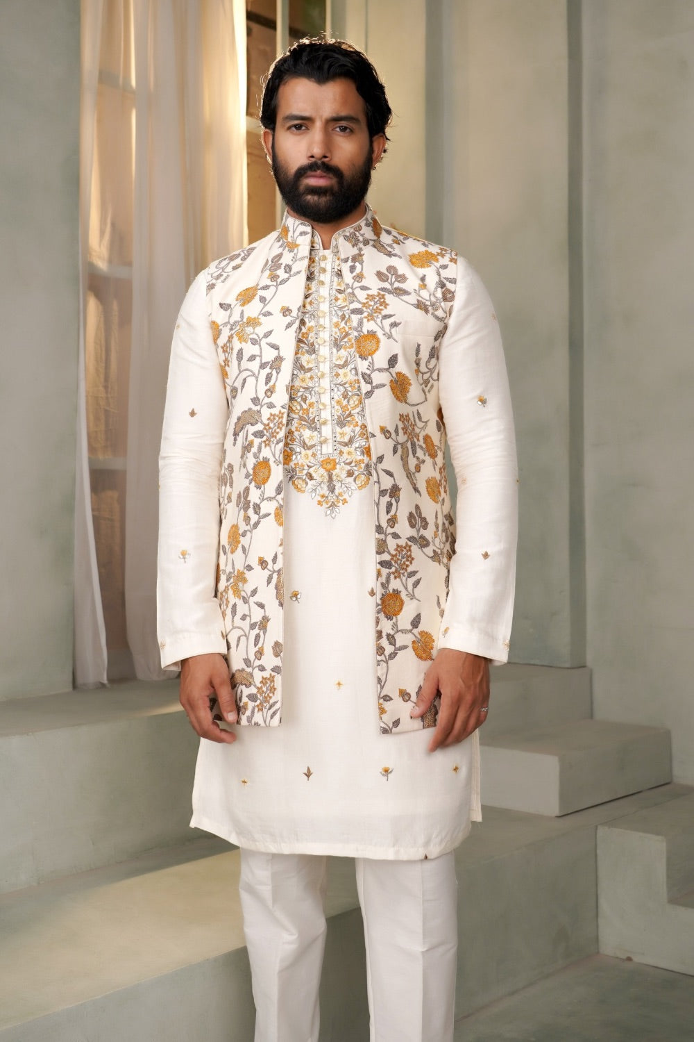 Cream white silk koti kurta set with floral print