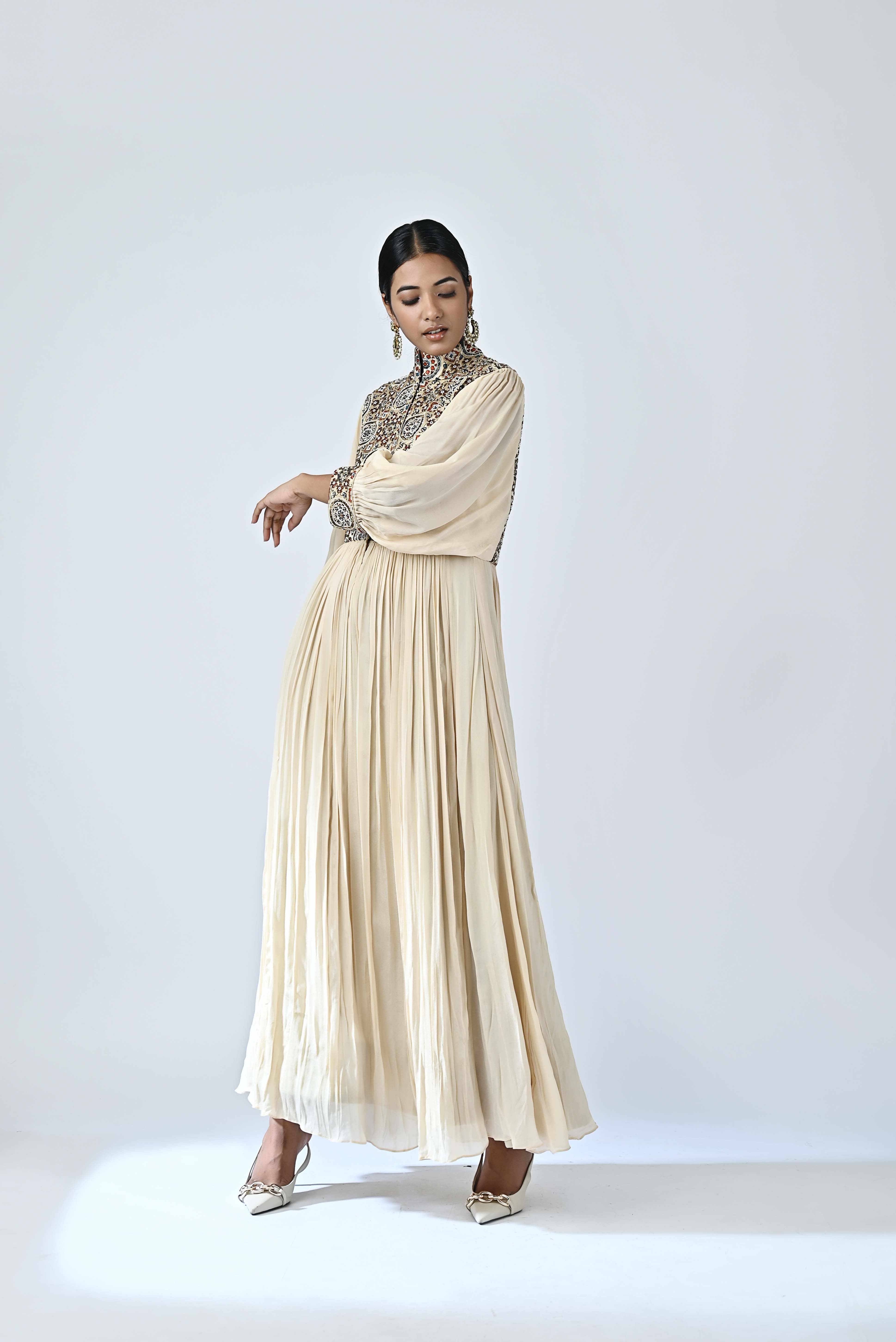 beige ajrakh embellished butterfly sleeve gathered dress