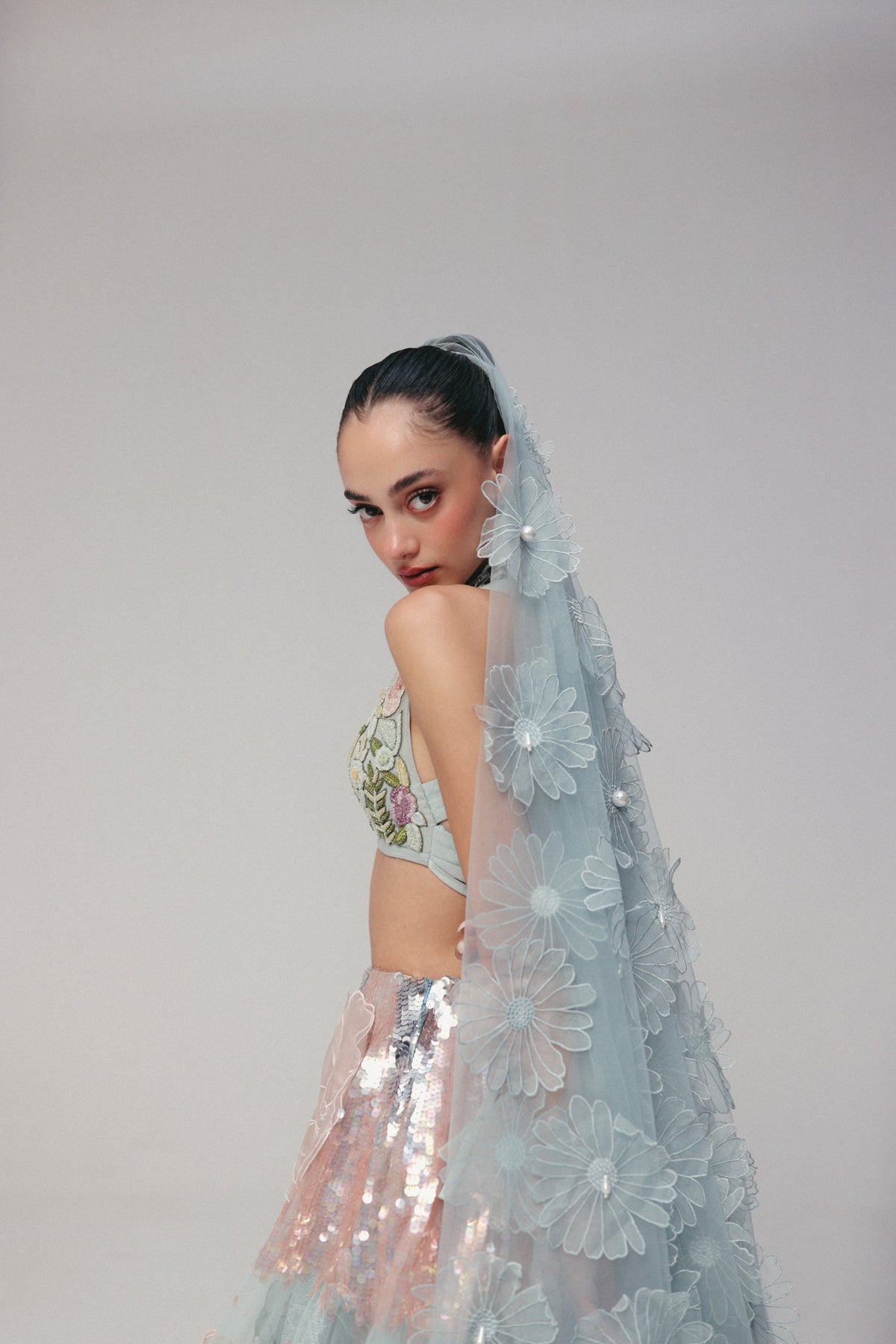 Floral & Zardosi Embroidery, Tulle & Silk with French Lace, Skirt Set, Crop Silhouette