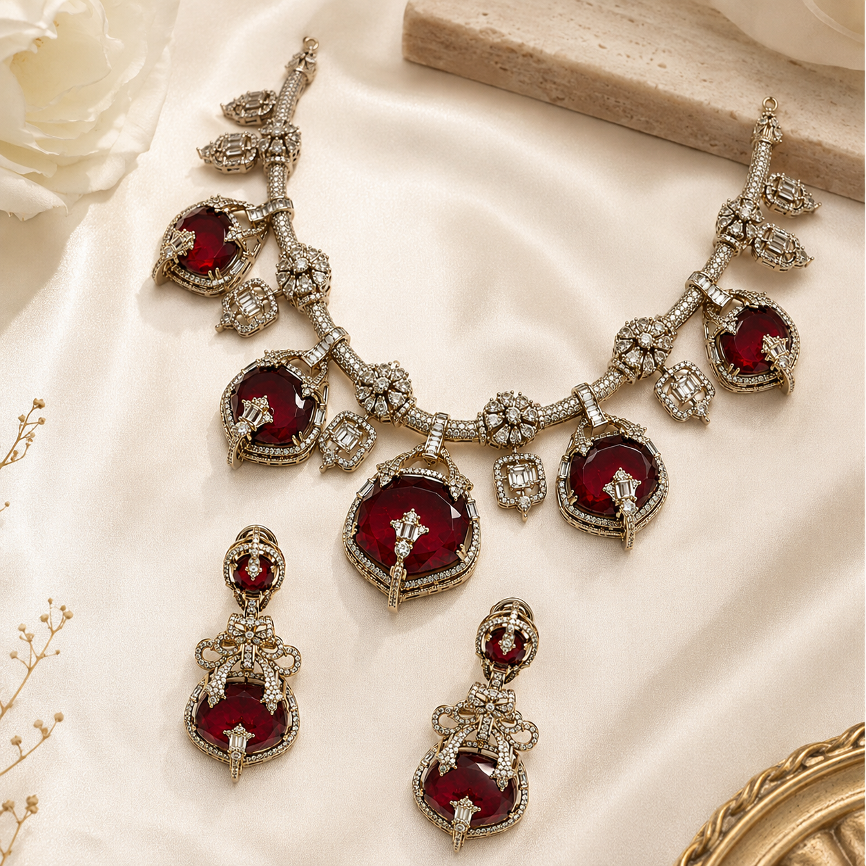 Ruby Semi-Precious Stone Moissanite Necklace Set