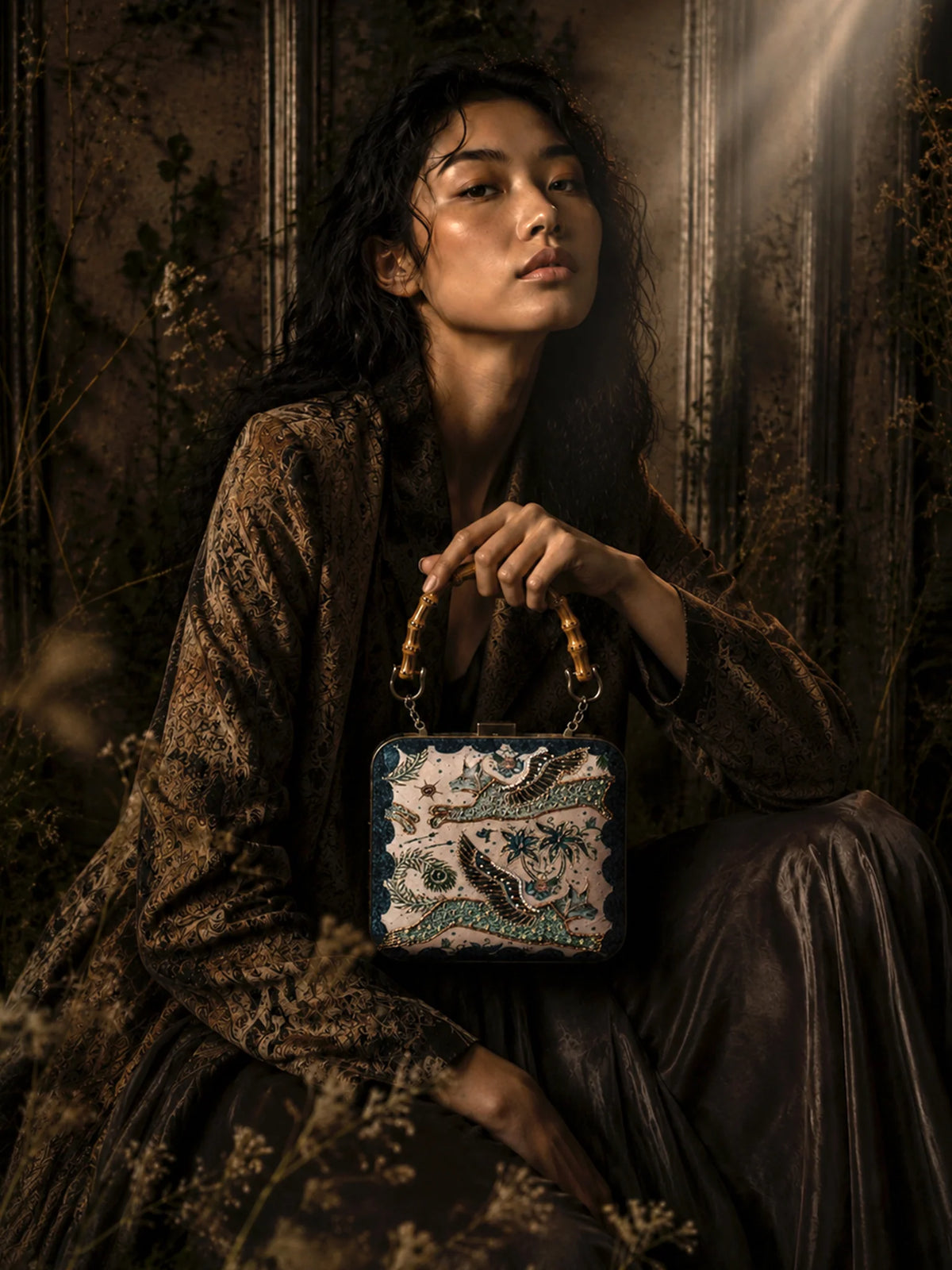Mythical Bird Print Clutch Bag with Embroidery & Bamboo Handle