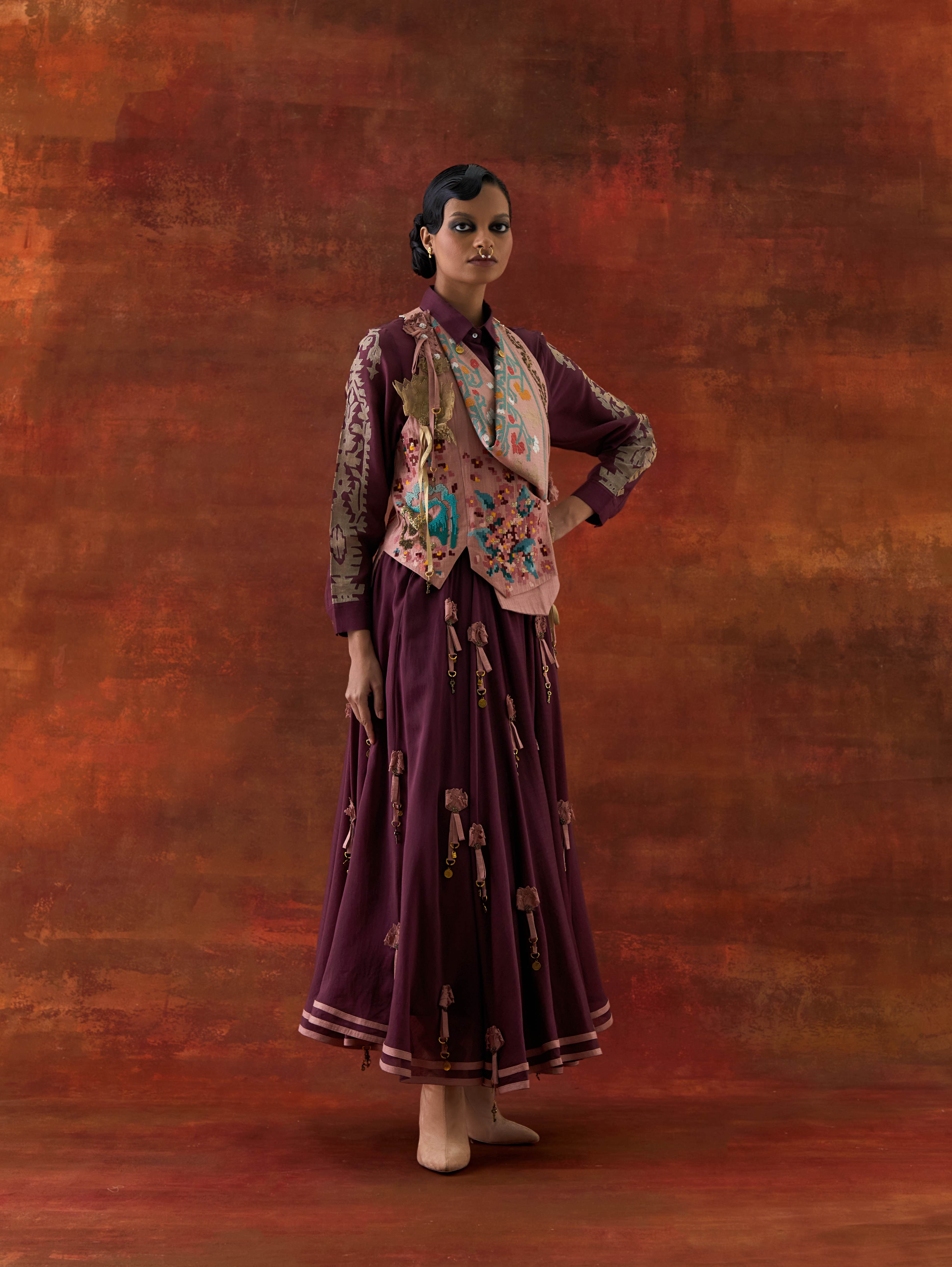 EMB ENGINEERED COWL RACER BACK JACKET + SHIRT WITH EMB BOOTA SLEEVES AND 3D FLOWER SKIRT - image 2
