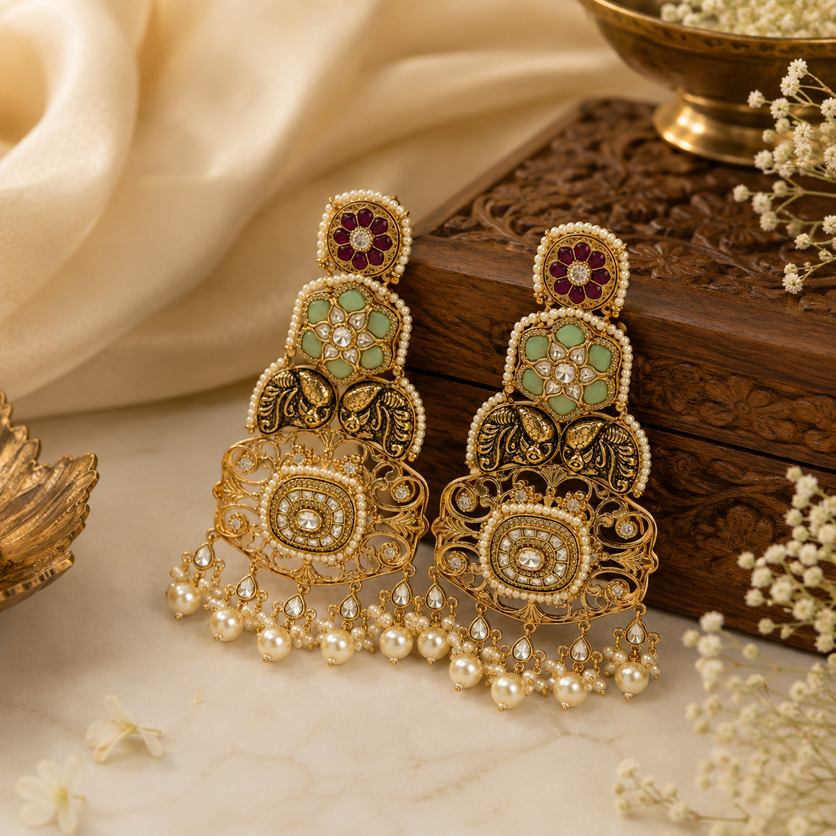 Multicolour Kundan Pearl Statement Earrings